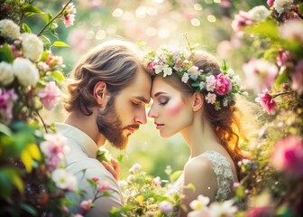 Obraz premium Soft focus portrait of intertwined lovers surrounded by blooming flowers and lush greenery, blending romantic moments