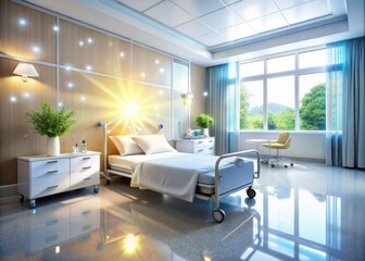 Sparkling clean hospital room with freshly made bed, sterilized equipment, and gleaming floor, conveying a sense of