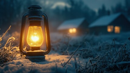 Serene Winter Twilight: Lantern and Cabin