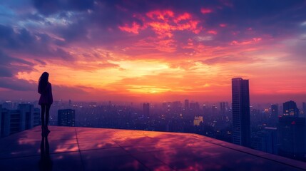 Obraz premium Urban Sunset Serenity, a stunning skyline view of a large city at sunset, featuring a woman on a rooftop terrace, reflecting on the day amidst vibrant colors.