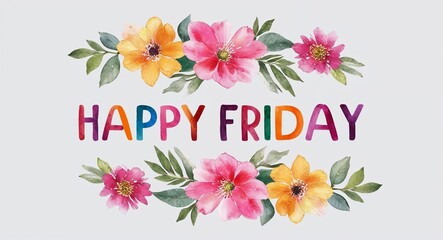 happy Friday word lettering with watercolor painting flowers on plain white background