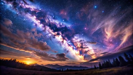 Naklejka premium Starry night sky with vibrant, swirling clouds of gas and dust, illuminating the majestically twirling arms of the