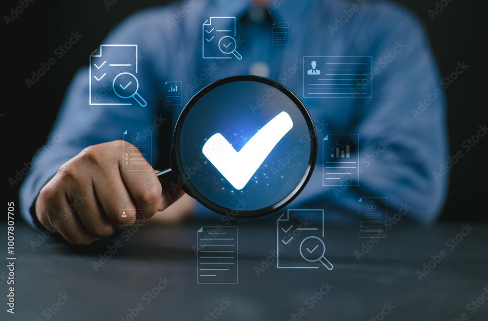 Poster businessman audit documents, quality assessment management with a checklist, business document evalu