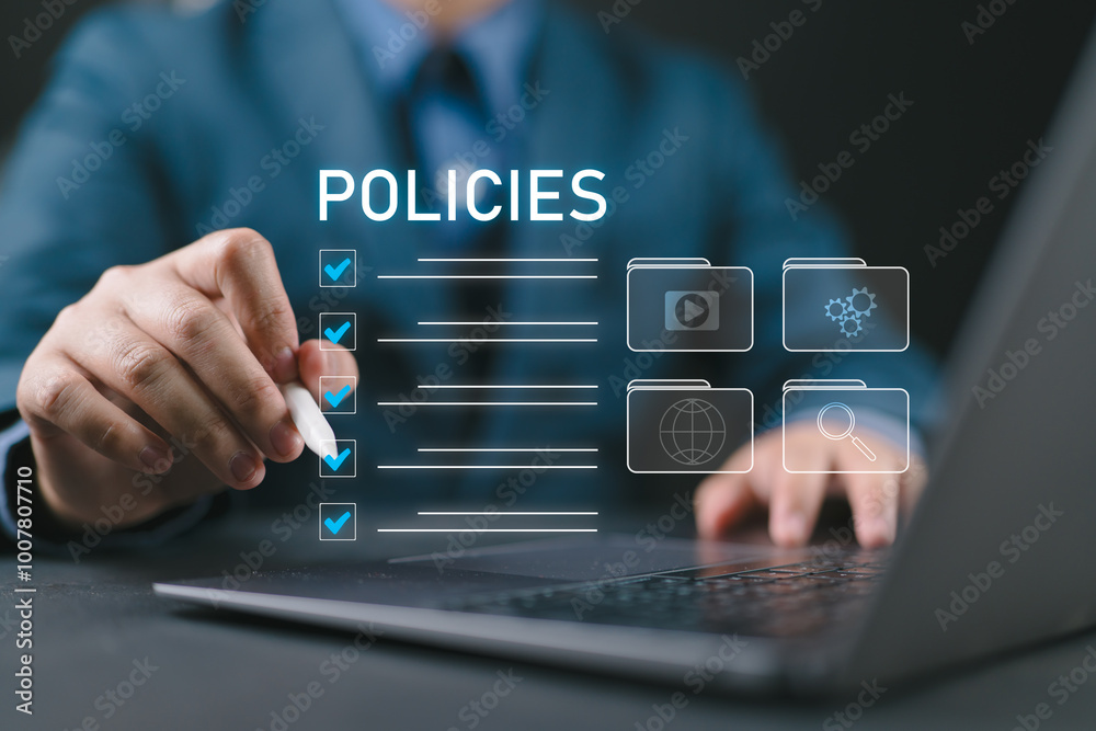 Poster Businessman checking the steps through a virtual online document with a list of checkboxes Concepts of practices and policies, company articles of association Terms and Conditions,Privacy Policy