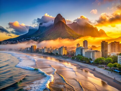 sun-kissed beach scene, bustling cityscape at dusk, and majestic mountain landscape with misty fog rolling in.