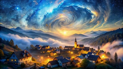 Fototapeta premium Swirling clouds of blue and gold hover above a sleepy village, surrounded by a celestial showcase of twinkling