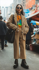 Obraz premium Capture runway-worthy outfits styled with streetwear elements, shot during a bustling market day