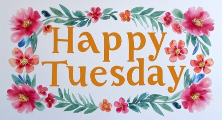 Obraz premium happy Tuesday word lettering with watercolor painting flowers on plain white background