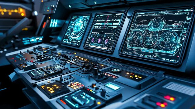 A futuristic spaceship control panel with glowing blue screens displaying complex data