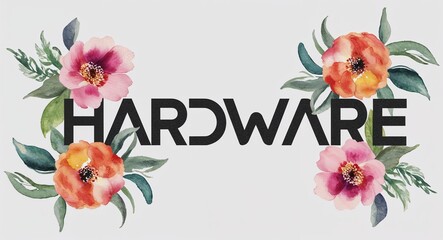 Hardware word lettering with watercolor painting flowers on plain white background