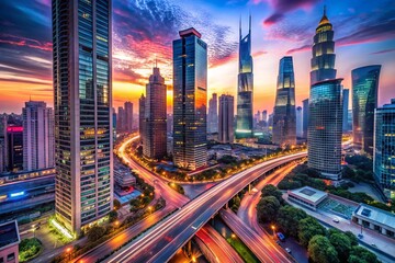 Obraz premium Ultra-high-definition 8K video footage of a futuristic cityscape at dusk, featuring sleek skyscrapers, vibrant neon