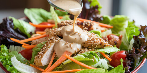 Fresh chicken salad with sesame seeds and creamy dressing in a vibrant, healthy presentation.