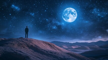 Man gazing at a star-filled sky from a desert hill under a full moon, showcasing the serene beauty of night and the vastness of the universe.