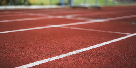 Close-up of an empty red running track on a cloudy day with white lane markings.
