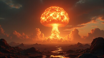 Nuclear warfare aftermath, with a mushroom cloud rising in the distance.