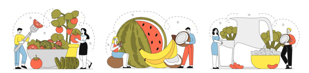 People with vegan food set. Men and women with bowl with salad, watermelon and banana, milk and cheese. Vegetarian diet and nutrition. Linear vector collection