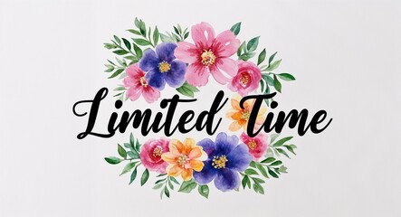 Obraz premium limited time word lettering with watercolor painting flowers on plain white background