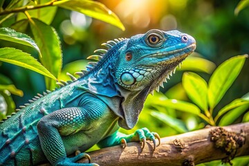 Obraz premium Vibrant blue iguana perches on a branch, its scaly skin glistening in the sunlight, showcasing its majestic size