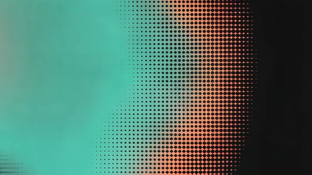 A gradient of teal, orange, and black forms a halftone pattern