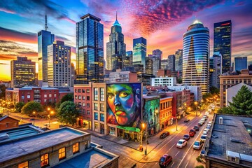 Obraz premium Vibrant cityscape at dusk, showcasing eclectic mix of modern skyscrapers, neon lights, and historic buildings adorned