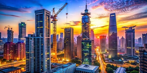 Fototapeta premium Vibrant cityscape at dusk, illuminated skyscraper under construction, crane towering above, surrounded by glittering