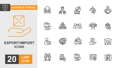 Export import icon set. Shipping, transportation, delivering, package, cargo and more line icon editable stroke.