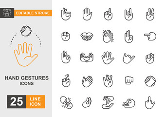 Hand gestures icon set. Finger, handshake, clapping, fist and more line icon.