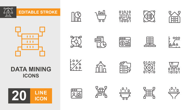 Data mining icon set. Analyzing, brain, cloud, big data, connection and more line icon editable stroke.