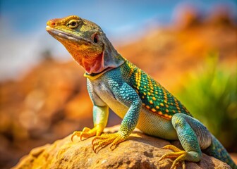 Obraz premium Vibrant collared lizard perches on a rock, its scaly body glistening in the desert sunlight, displaying its distinctive