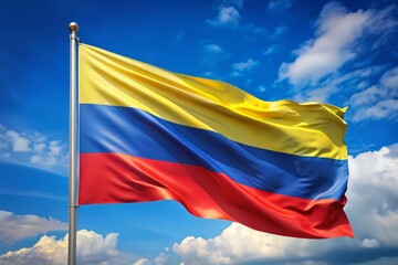 Vibrant Colombia flag waving in the wind against a clear blue sky, with subtle wrinkles and folds, symbolizing