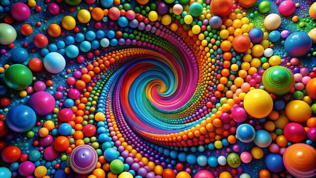 Vibrant colored dots in varying sizes and arrangements swirl together in a mesmerizing abstract composition, evoking a