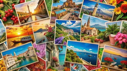 Naklejka premium Vibrant colored postcards with eclectic graphics, distressed edges, and playful arrangements create a visually striking