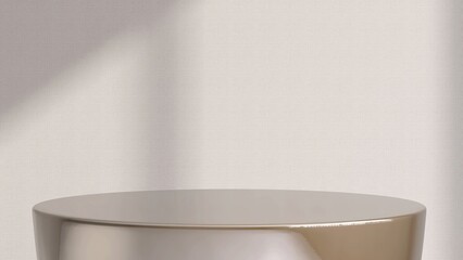 Round shiny gold podium table in sunlight on beige wallpaper wall for luxury, elegant cosmetic, skincare, body care, beauty product display background 3D