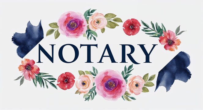 notary word lettering with watercolor painting flowers on plain white background
