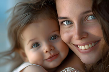 A joyful moment shared between a young woman and a baby, both smiling brightly, showcasing love and connection.