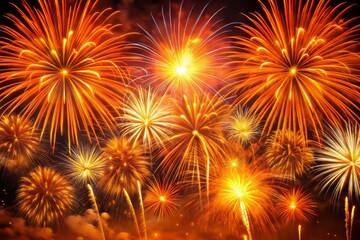 Naklejka premium Explosive orange fireworks light up the night sky, celebrating the New Year with a stunning backdrop, bursting with