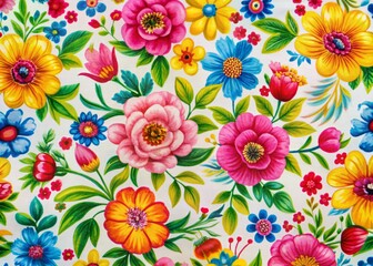 Vibrant, colorful floral print fabric featuring bright pink, yellow, and blue hues on a white background, evoking a