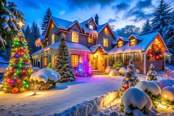 Vibrant colorful LED lights adorn a winter wonderland scene, featuring a majestic snow-covered mansion, sparkling