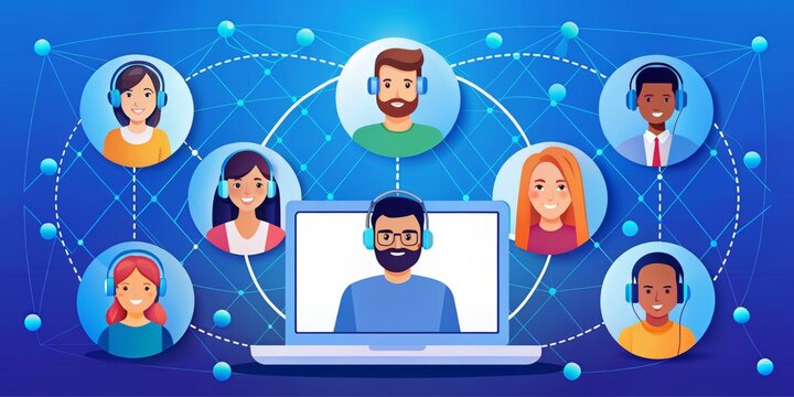 Vibrant colorful illustration of a virtual video meeting with diverse avatars, laptops, and headphones, connected by