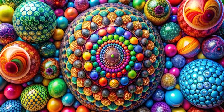 Vibrant colorful spheres and circles overlap and intersect in a mesmerizing geometric pattern, creating a visually