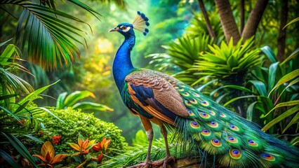 Obraz premium Vibrant colors and intricate patterns adorn a majestic peacock's spread plumage, set against a lush green jungle