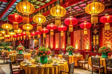Vibrant decorations adorn a festive banquet hall with lanterns, fans, and golden ornaments, setting the stage for a