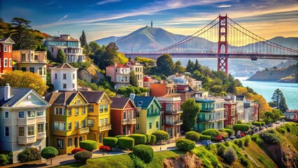 Vibrant digital illustration of San Francisco's iconic streets, landmarks, and neighborhoods, featuring the Golden Gate