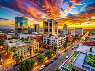 Vibrant downtown Santa Ana cityscape at sunset, featuring modern skyscrapers, bustling streets, and eclectic street