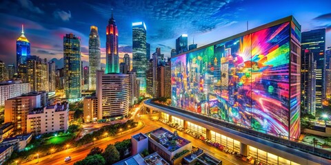 Vibrant evening scene of a bustling metropolis with a giant colorful banner stretched across a skyscraper, illuminating