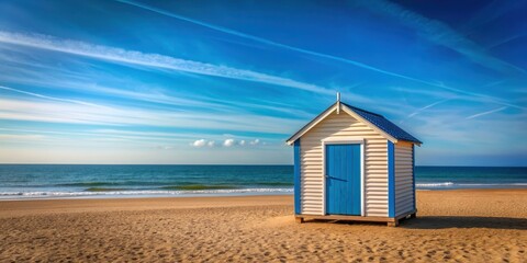 Beach hut on sandy shoreline with blue sky and ocean in background, beach hut, beach, ocean, sand, shoreline, vacation