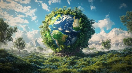 Sustainable Harmony, a vibrant fusion of nature and technology, showcasing lush landscapes, diverse ecosystems, and the nurturing cycles of life on Earth.