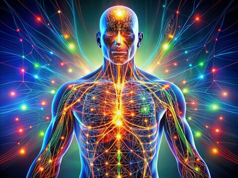 Vibrant, glowing lines and points on a detailed illustration of the human body, showcasing traditional Chinese