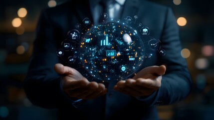 A man is holding a ball with many symbols on it. The ball is surrounded by a blurry background. Concept of technology and innovation