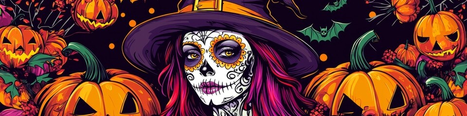 colorful pin up girl with half her face in sugar skull makeup wearing withch hat surrounded by pumpkins and bats in clip art style haloween themed background on white background vibrant color scheme
